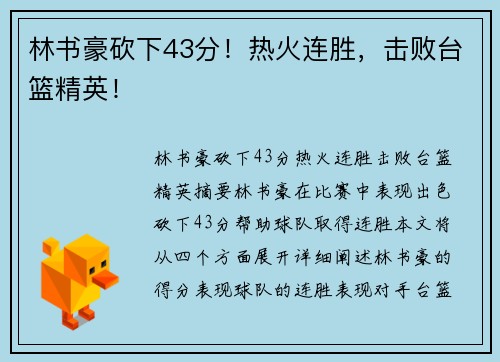 林书豪砍下43分！热火连胜，击败台篮精英！